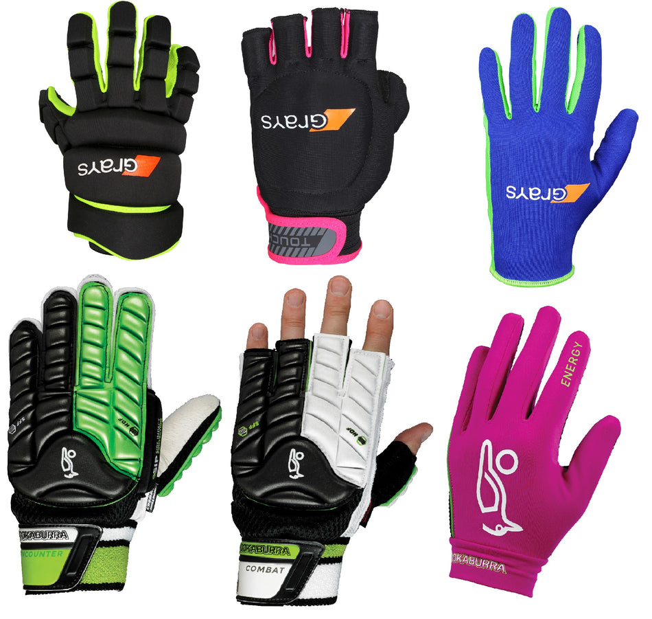 Six different styles of sports gloves are displayed, including padded black and green gloves, black and pink gloves, blue gloves, black and green gloves, black and white gloves, and bright pink gloves.