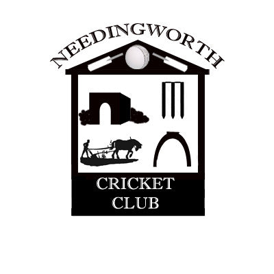 Logo for Needingworth Cricket Club featuring a stylized building with a cricket ball and two bats on the roof, cricket stumps, a plowman with oxen, and a bridge inside the building shape.