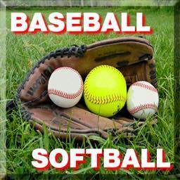 A softball glove with one yellow softball and two white baseballs on grass. The words BASEBALL and SOFTBALL are written in bold red and white letters above and below the glove.