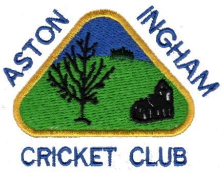 Embroidered badge featuring a green and blue landscape with a tree and a building, surrounded by the words “Aston Ingham Cricket Club” in blue text.