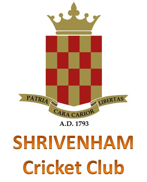 Shrivenham Cricket Club logo with a crown above a red and gold checkered shield, a banner reading Patria Cara Cario Libertas, and A.D. 1793 below. SHRIVENHAM Cricket Club is written underneath.