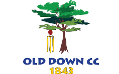 Logo featuring a tree, yellow cricket stumps with a red ball, and the text OLD DOWN CC 1843 beneath in blue and yellow letters.