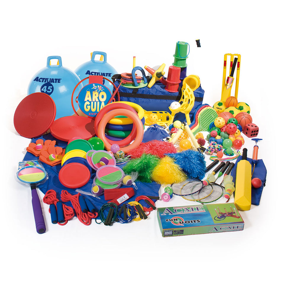 A large assortment of colorful playground and sports equipment, including balls, hoops, cones, paddles, rackets, jump ropes, scoops, and foam bats, all arranged in a pile.