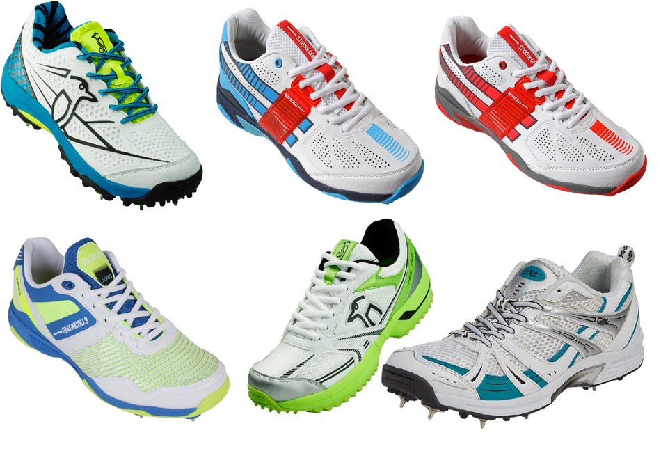 Six brightly colored athletic running shoes with spikes, displayed against a white background. The shoes are in various color combinations, including blue, red, green, lime, and white.