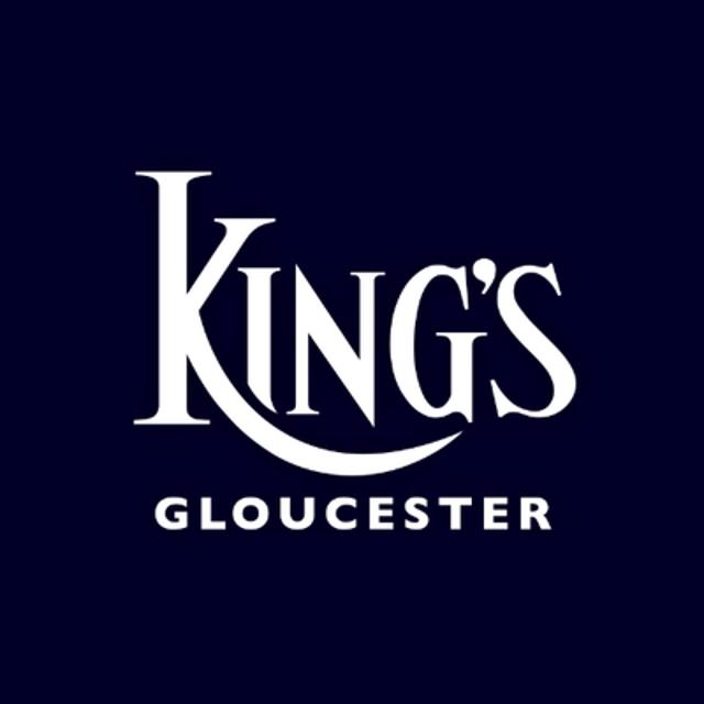 White text on a dark blue background reads KINGS in large letters, with GLOUCESTER below in smaller letters. There is a curved line under the word KINGS.
