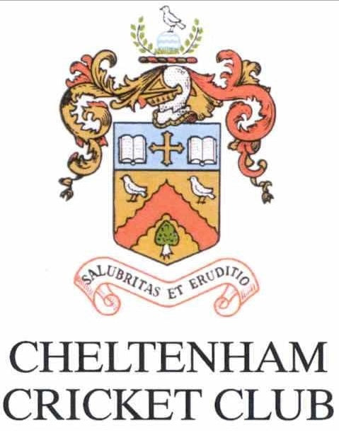 Cheltenham Cricket Club crest featuring a shield with books, birds, a cross, and a tree, topped with a dove. Motto below reads Salubritas et Eruditio.