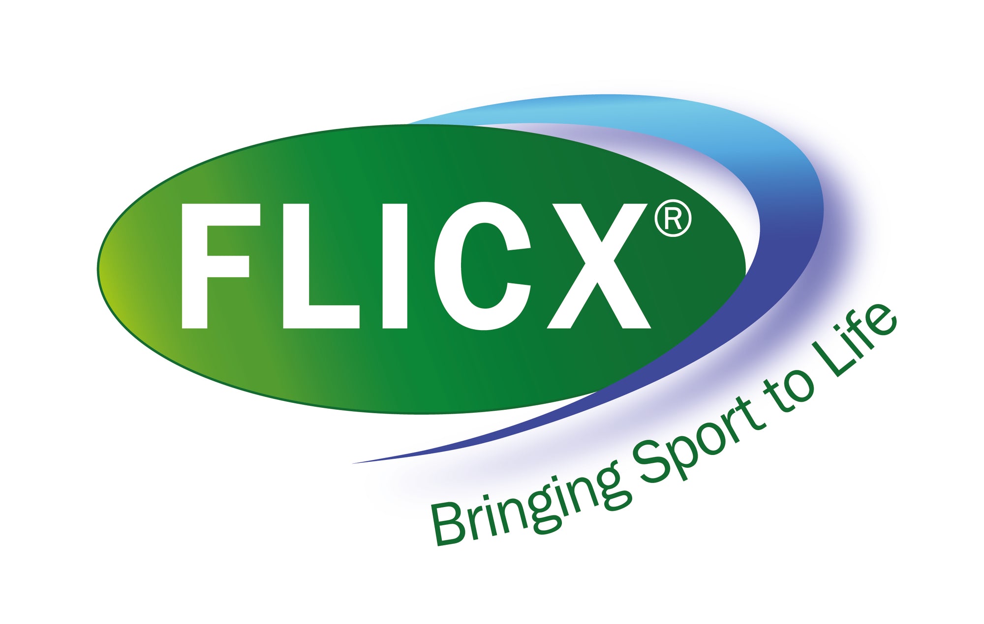 FLICX logo with a green oval, white text FLICX and blue swoosh. The tagline Bringing Sport to Life appears in green, diagonally below the oval shape.