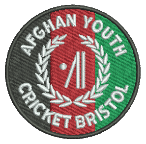 Circular embroidered badge with Afghan Youth Cricket Bristol text, cricket stumps and ball logo, laurel wreath, and background divided into black, red, and green vertical stripes.