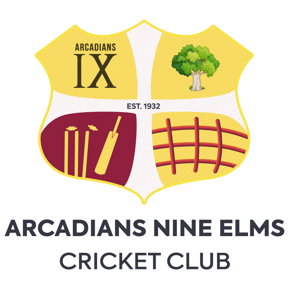 Yellow and white cricket club crest with a tree, cricket stumps and bat, red curved lines, and Arcadians IX text. Below, Arcadians Nine Elms Cricket Club is written in bold uppercase letters.