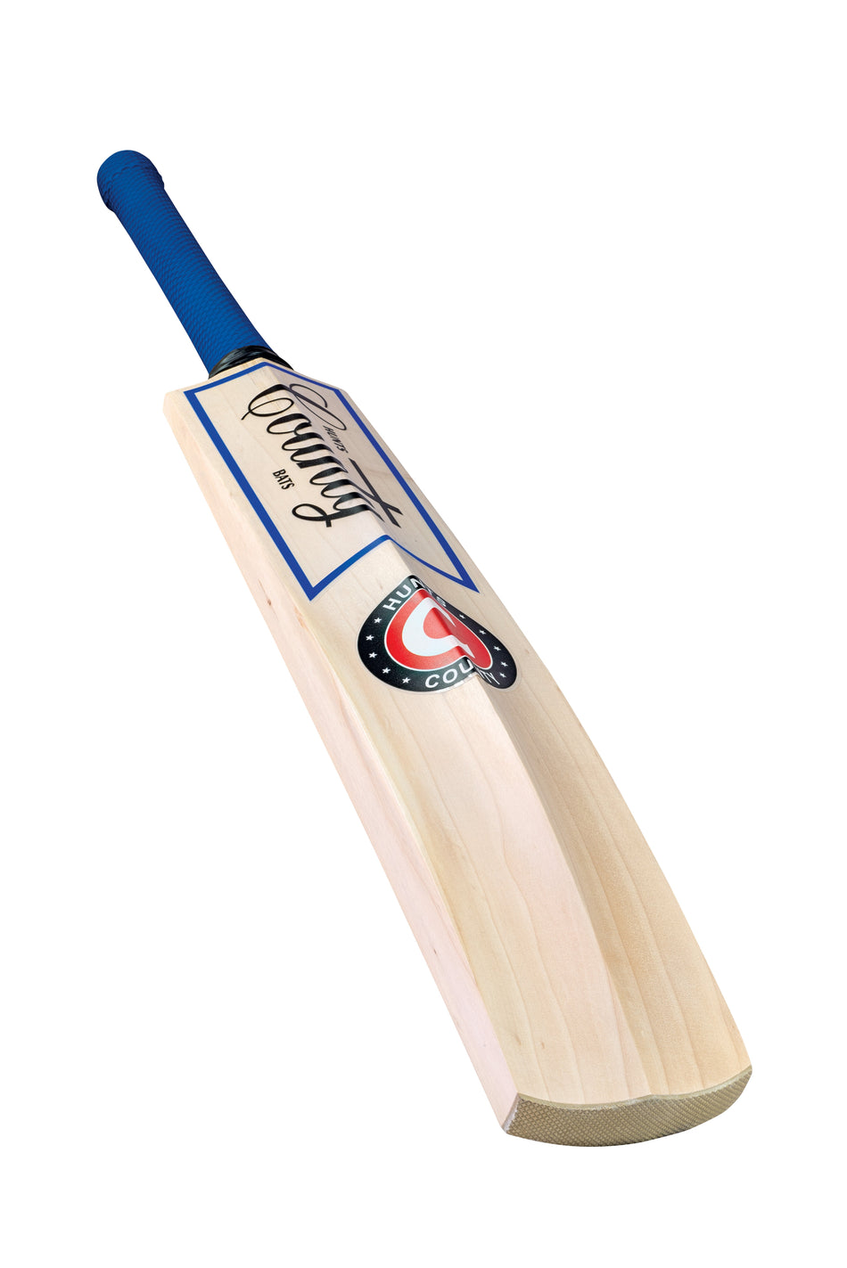 The Hunts County Neo Senior Cricket Bat, featuring a blue handle and branded sticker on the front, has a reinforced blade and is shown angled against a white background.