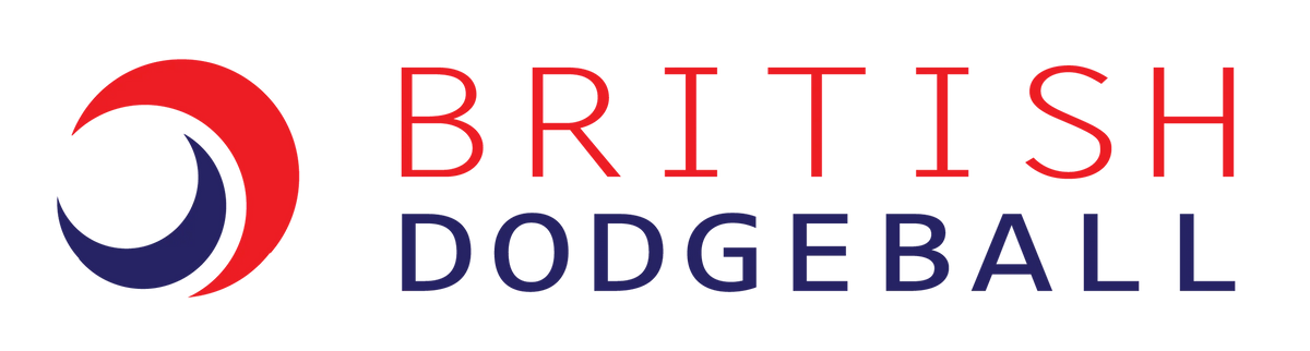 British Dodgeball logo with a red and blue circular graphic on the left, and the words BRITISH DODGEBALL in bold red and blue letters on a white background.