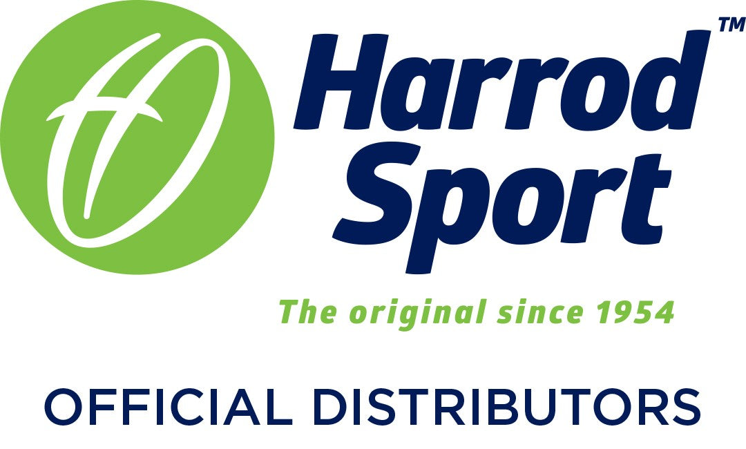 Harrod Sport logo with a green oval, white stylized H, and blue text saying Harrod Sport. The original since 1954. Below is Official Distributors in blue text.