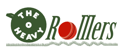 Logo for The Heavy Rollers with a dark green cricket roller graphic on the left, red cricket ball as the o in Rollers, and a stylized green waveform running along the bottom.