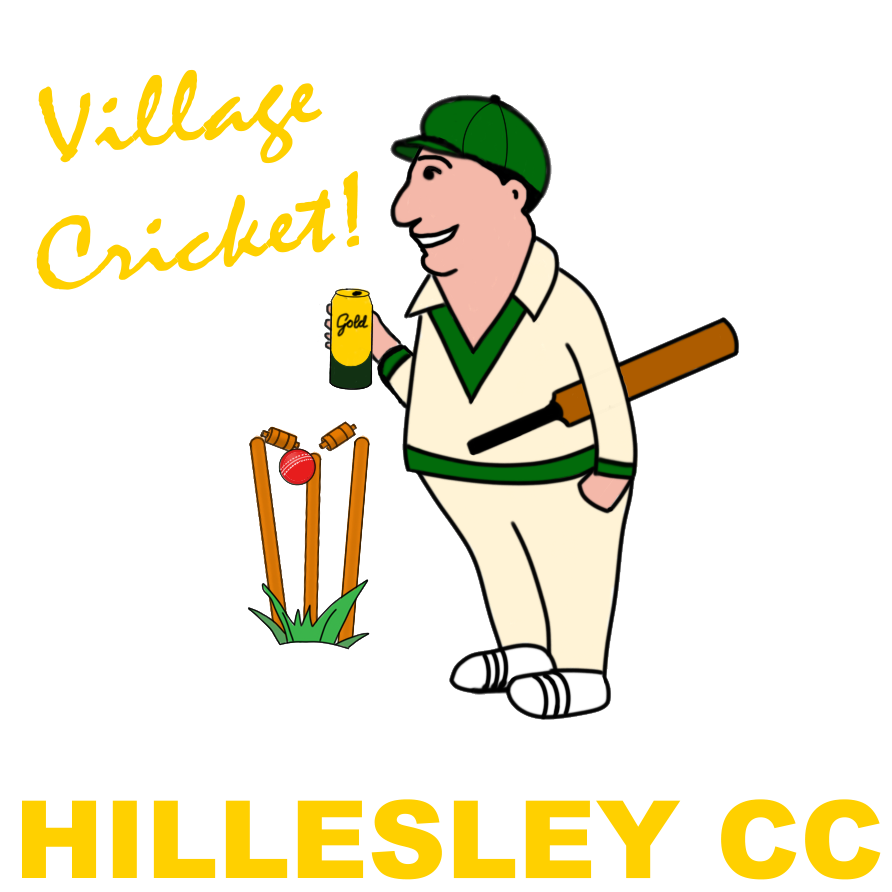 Cartoon cricketer in uniform holding a drink, standing by broken stumps with a ball; yellow text says Village Cricket! and HILLESLEY CC at the bottom.