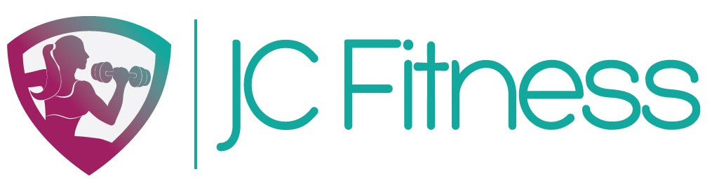 Logo showing a silhouette of a woman lifting dumbbells inside a shield, with the text JC Fitness in teal letters to the right. The woman is wearing a ponytail and listening to music.