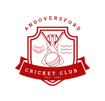 Red and white Andoversford Cricket Club logo featuring two crossed bats, stumps, a ball, a handshake, and a banner reading Est. 1901.