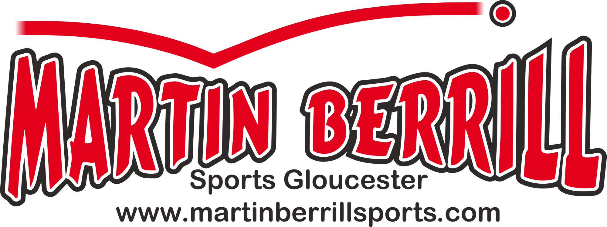 Logo for Martin Berrill Sports Gloucester with bold red and black text and website URL www.martinberrillsports.com underneath.