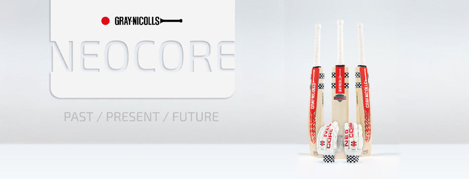 Three Gray-Nicolls cricket bats and two cricket balls are displayed upright. The background reads NEOCORE and PAST/PRESENT/FUTURE in sleek, modern text.
