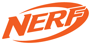 The image shows the NERF logo with bold, orange letters and a white outline, set against an oval orange swoosh on a light background.