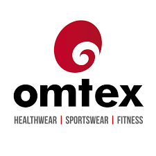 Omtex logo with a red swirl above the brand name, and the words HEALTHWEAR | SPORTSWEAR | FITNESS below in black capital letters.