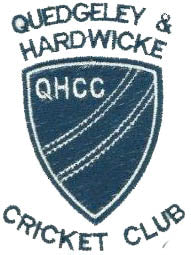 Logo of Quedgeley & Hardwicke Cricket Club featuring a shield with QHCC and three curved lines, surrounded by the clubs name written in an arch and curve around the shield.