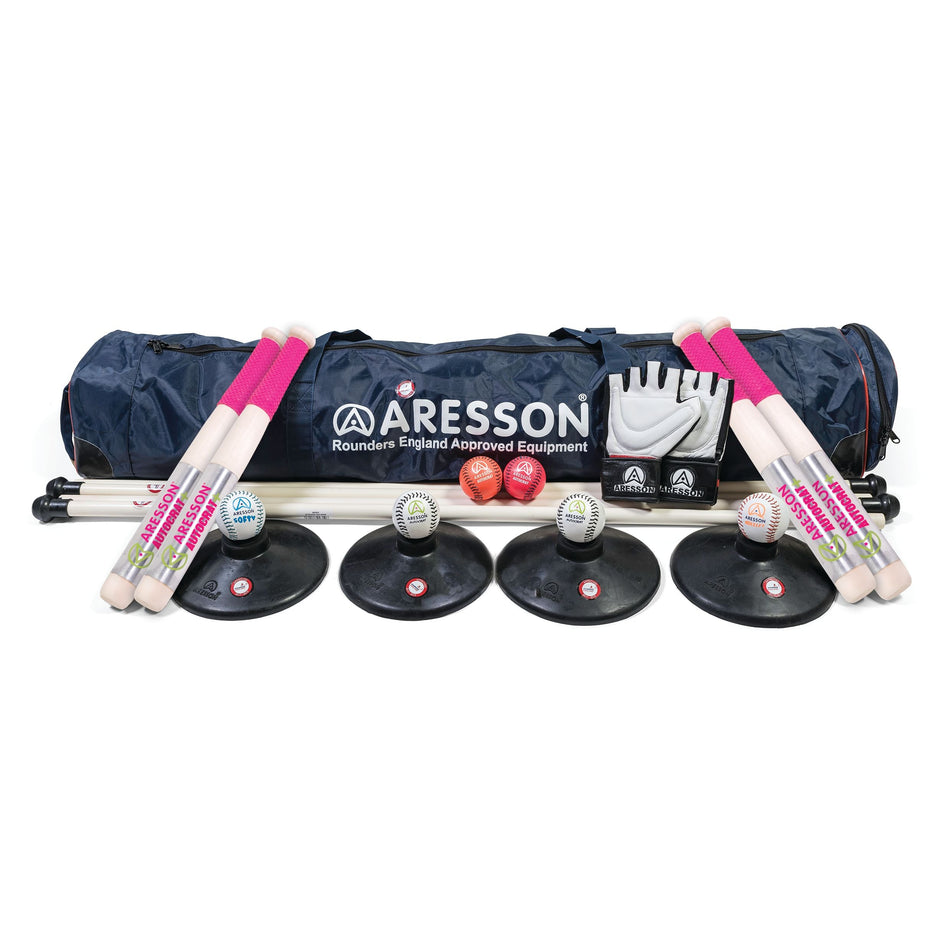 A navy Aresson sports bag with rounders bats, rounders balls, bases, gloves, and posts arranged neatly in front of it. This is a complete rounders equipment set.