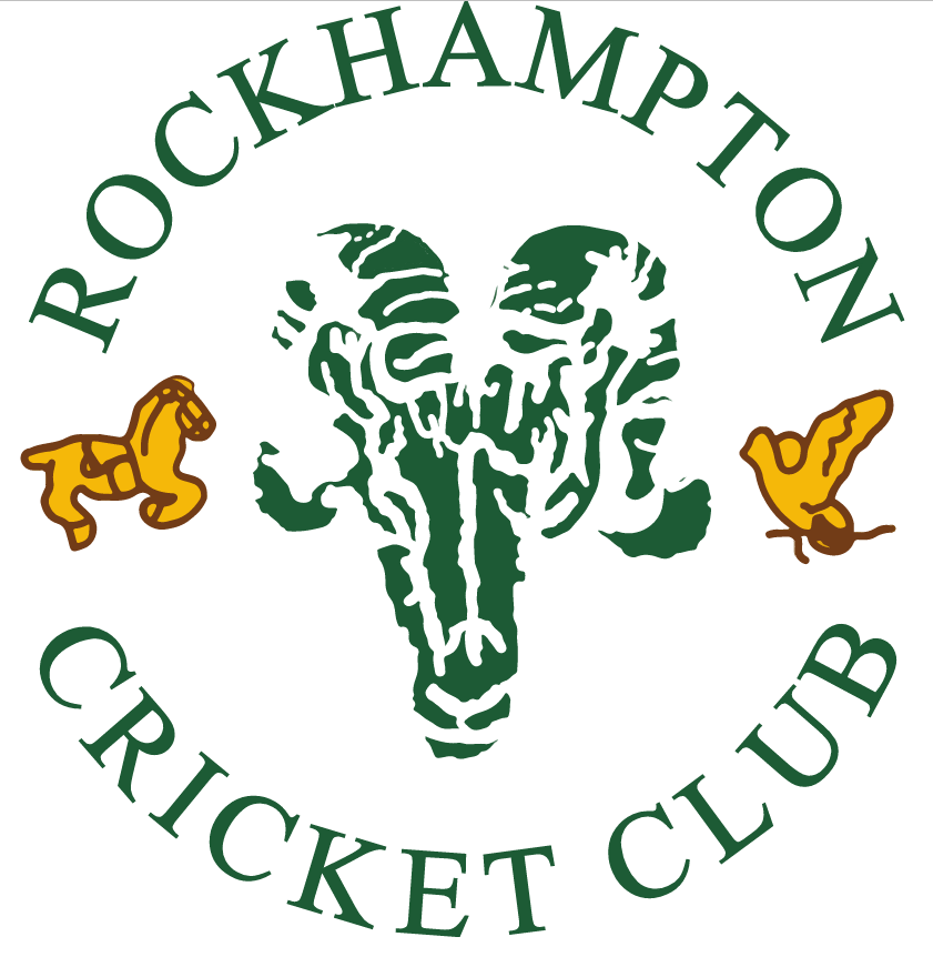 Rockhampton Cricket Club logo with green text in a circle, featuring a rams head in the center, a yellow horse on the left, and a yellow bird on the right.