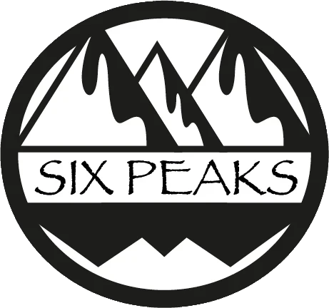 A black and white circular logo featuring six stylized mountain peaks above the text SIX PEAKS in bold, uppercase letters, with a simple geometric design.