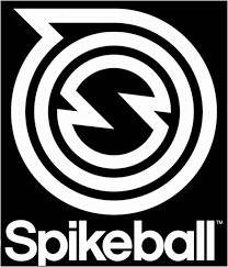 Spikeball logo featuring a bold, white spiral with sharp angles inside a circle, resembling an abstract “S,” on a black background. The word “Spikeball” appears in white at the bottom.