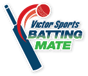 Logo with a blue cricket bat, a red cricket ball, and the text Victor Sports BATTING MATE in blue and green letters. Curved red lines show the balls motion above the bat.