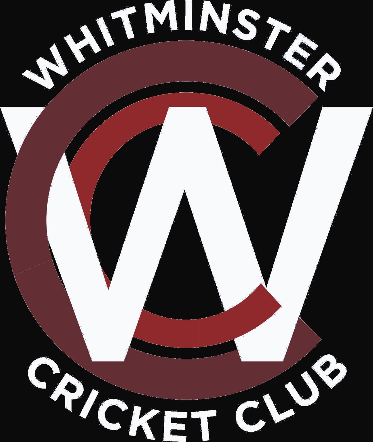 Whitminster Cricket Club logo with a large maroon C and white W overlapping, surrounded by the club name in white bold letters on a black circular background.