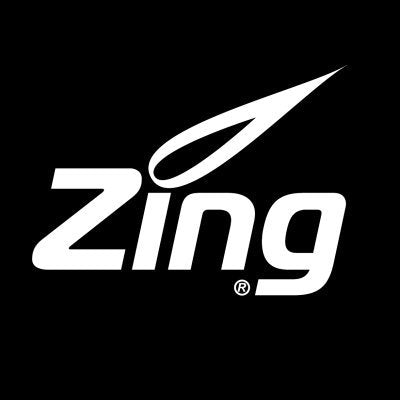 White Zing logo on a black background. The letter i is stylized with a swoosh shape that extends upward and to the right, resembling a dynamic flame or motion.