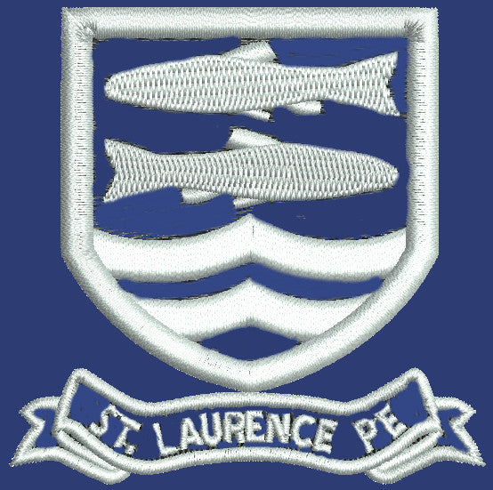 An embroidered patch with two white fish in a shield above wavy lines, and a banner below reading ST. LAURENCE FC on a blue background.