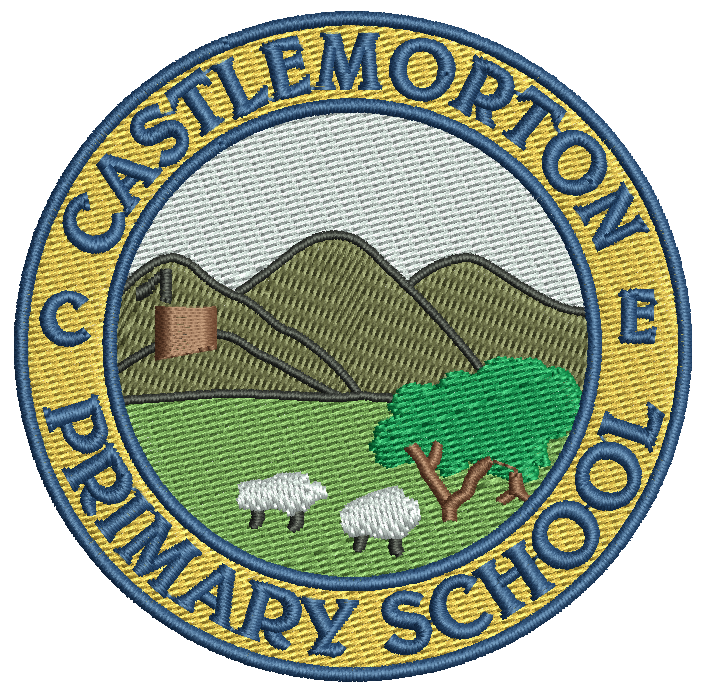 Embroidered badge with Castlemorton Primary School around an image of hills, a building, two sheep, and a tree. Letters C and E are on either side.
