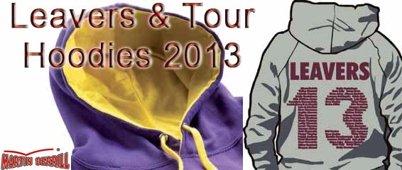 Purple hoodie with yellow lining on the left; gray hoodie with LEAVERS 13 in large letters on the back on the right. Text reads Leavers & Tour Hoodies 2013 at the top.