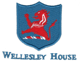 A blue shield with a red heraldic lion and white detailing, above a blue embroidered Wellesley House text on a white background.