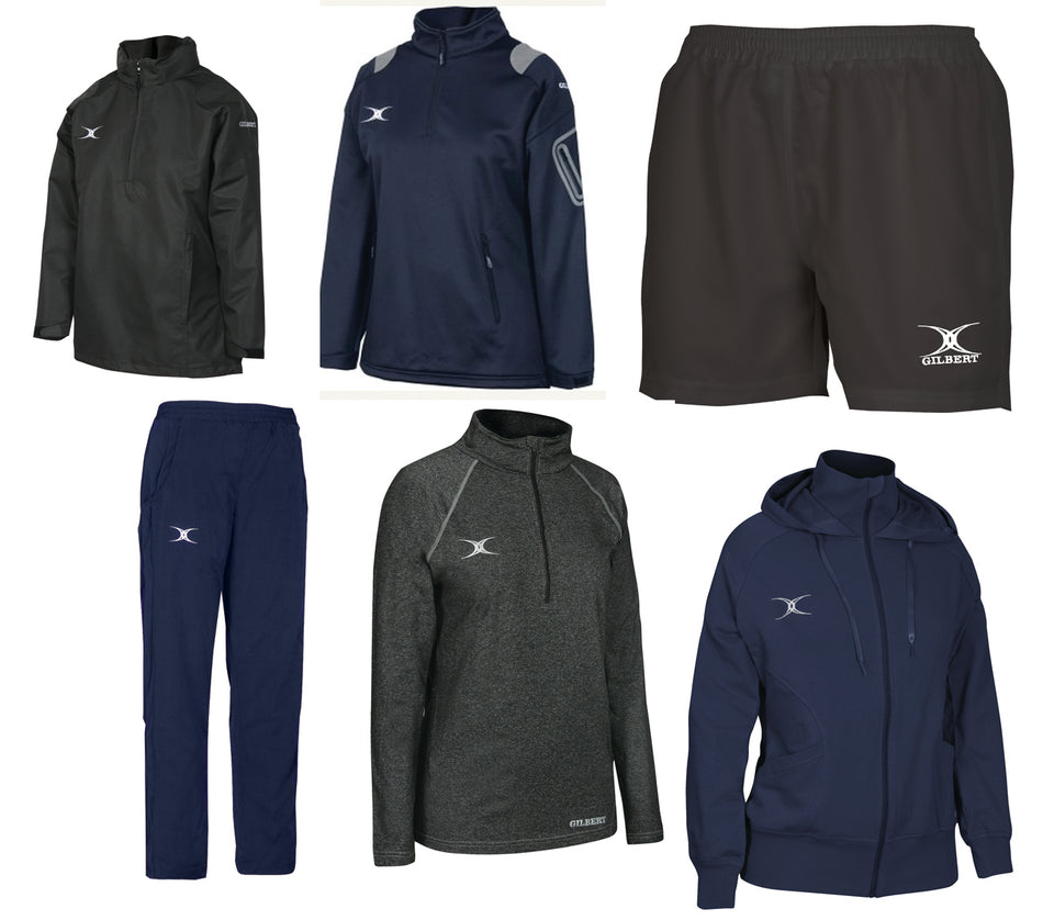 A collection of six athletic clothing items, including jackets, pants, shorts, hoodies, and tops in black, navy, and gray, each featuring a white Gilbert logo.