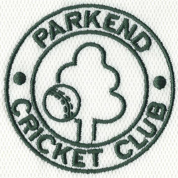 Embroidered logo featuring a tree and a cricket ball, surrounded by the words PARKEND CRICKET CLUB in a circular design on a white fabric background.