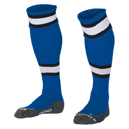 A pair of blue knee-high athletic socks with black and white stripes near the top and gray reinforced toes and heels, displayed on a white background.