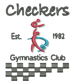 Logo for Checkers Gymnastics Club with embroidered text Checkers Gymnastics Club Est. 1982, a stylized gymnast graphic, and a checkered pattern at the bottom.