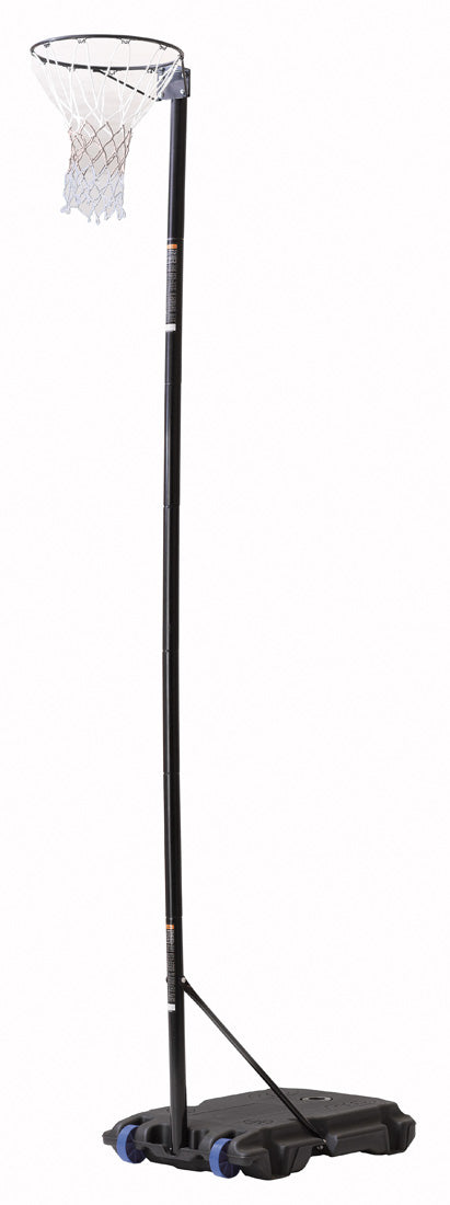 A portable netball hoop with a black metal pole, a netted hoop at the top, and a wheeled black base for stability, shown against a white background.