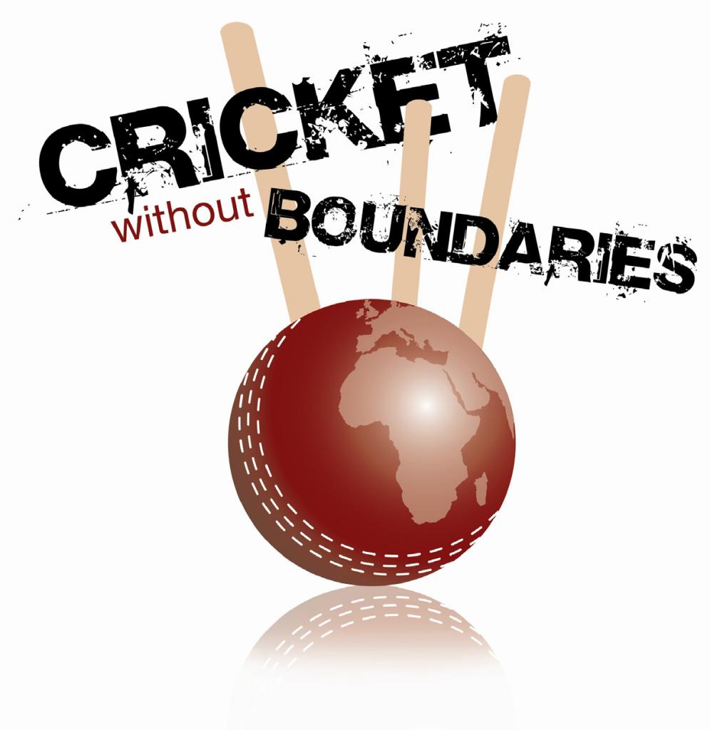 Logo with a red cricket ball featuring an Africa map, three stumps, and the text CRICKET without BOUNDARIES in bold, distressed font. The image has a white background and a faint reflection below.