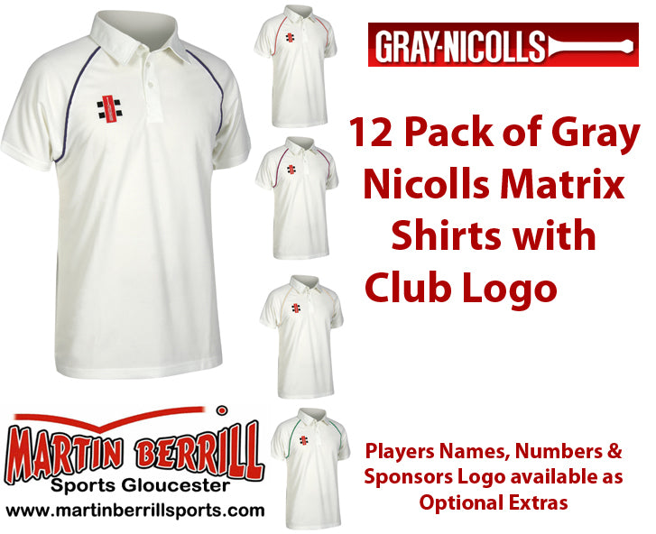 12 white Gray Nicolls Matrix polo shirts with club logo. Text highlights a 12-pack offer and optional extras like player names, numbers, and sponsor logos from Martin Berrill Sports.