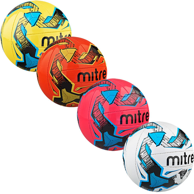 Four Mitre soccer balls in yellow, orange, pink, and white, each with a bold graphic design and blue arrow pattern, arranged in a diagonal line against a white background.