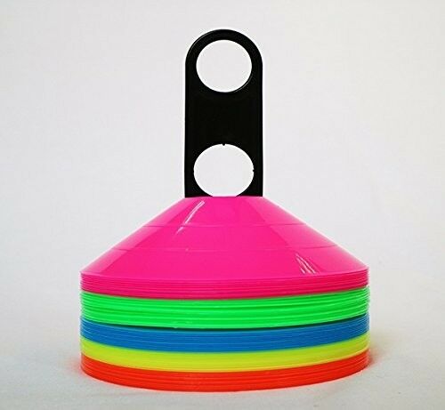 A stack of colorful plastic sports cones, including pink, green, blue, yellow, and orange, held together by a black holder with a handle and holes, on a plain white background.
