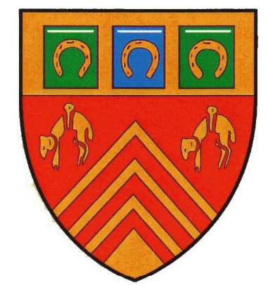 A heraldic shield with three gold chevrons on red, two gold animals on either side, and a blue and green horizontal band at the top featuring three gold horseshoes.