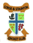 Embroidered crest with Corse & Staunton Cricket Club. The shield features a blue cross, a black symbol, yellow birds, green field, and red numbers, all bordered by brown banners.