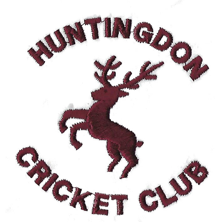Embroidered maroon logo with a leaping stag in the center, surrounded by the words HUNTINGDON CRICKET CLUB in an arc above and below the stag.