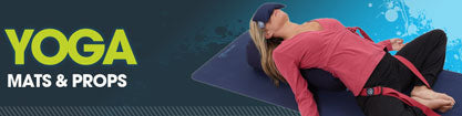 A woman lies on a yoga mat using props, including a bolster under her back and an eye pillow. Text reads YOGA MATS & PROPS on a blue and green background.