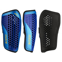 Three blue and black Mitre shin guards with honeycomb ventilation holes, shown from different angles, including front, side, and back views.